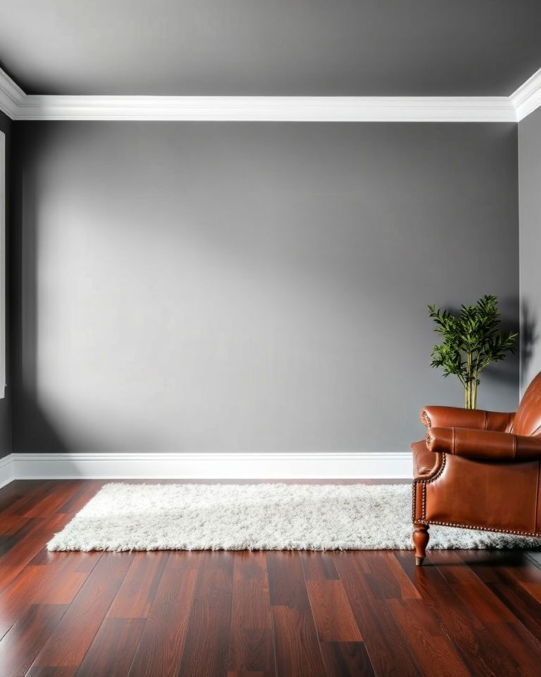 timeless grey walls and white trim - 20 Grey Living Room With Dark Wood Floors