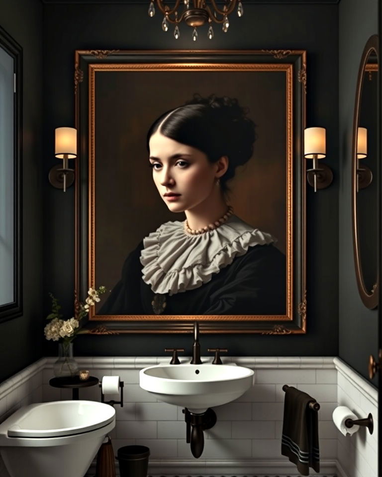 timeless large framed portraits - 20 Dark Academia Bathroom Ideas
