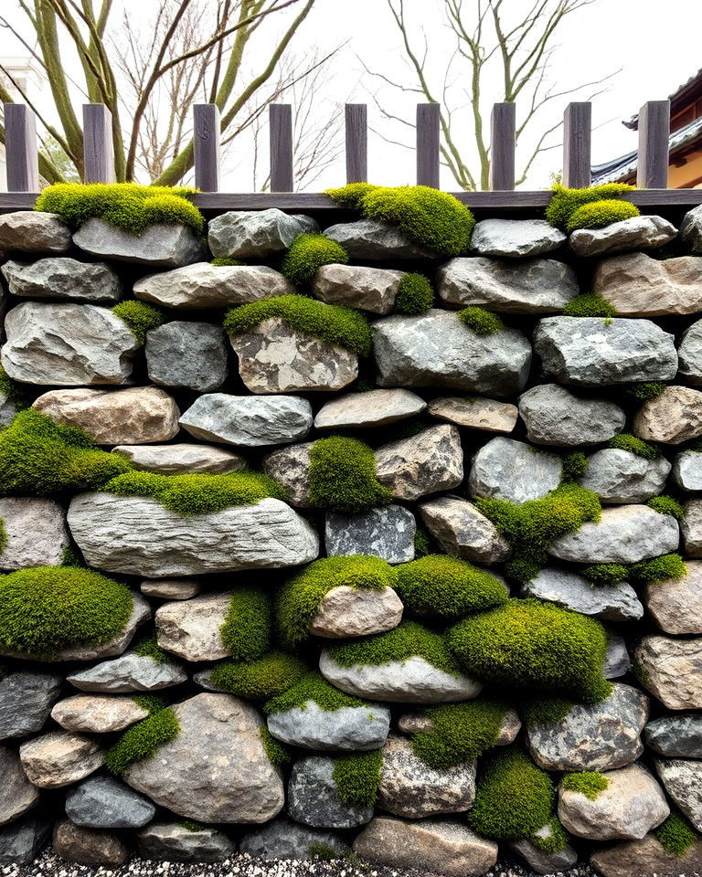 timeless layered stone and moss fence - 40 Japanese Fence Ideas