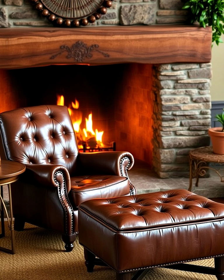 timeless leather armchair with ottoman - 20 Chairs in Front of Fireplace Ideas