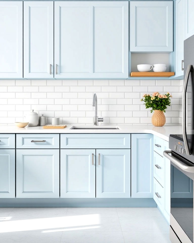 timeless light blue cabinets with subway tile backsplash - 20 Light Blue Kitchen Cabinets Ideas