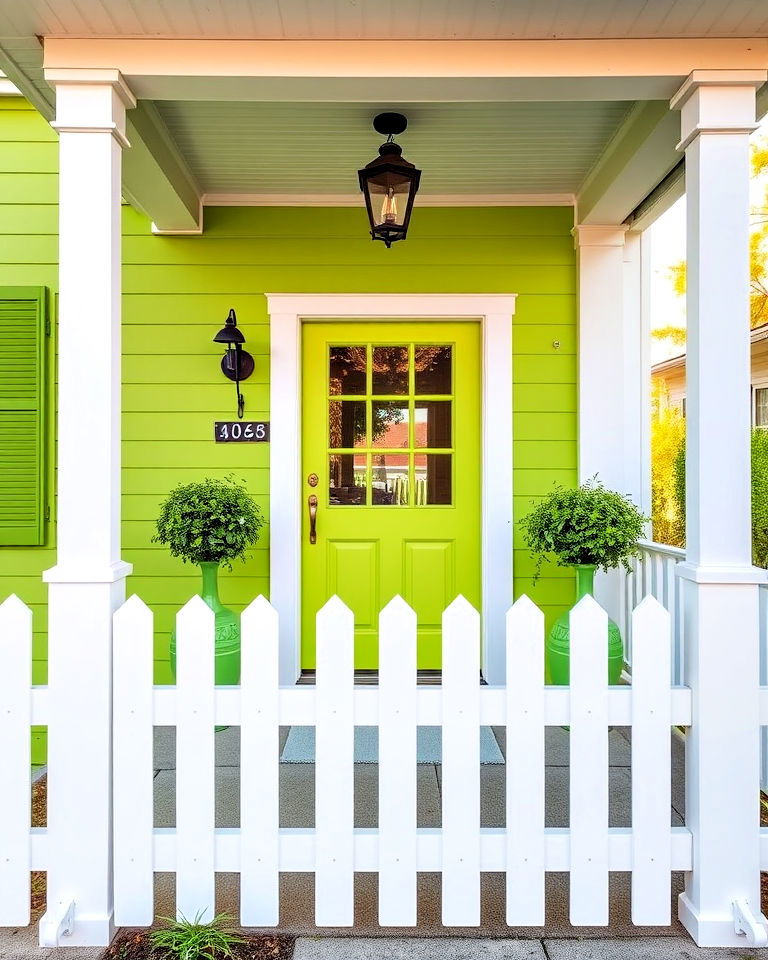 timeless lime green with white picket fence - 25 Farmhouse Green Exterior Home Ideas