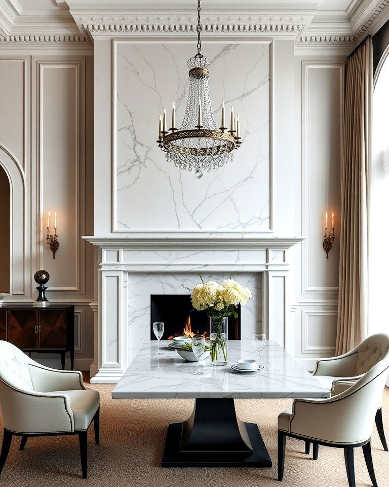 timeless luxurious marble fireplace - 30 Dining Rooms With Fireplaces
