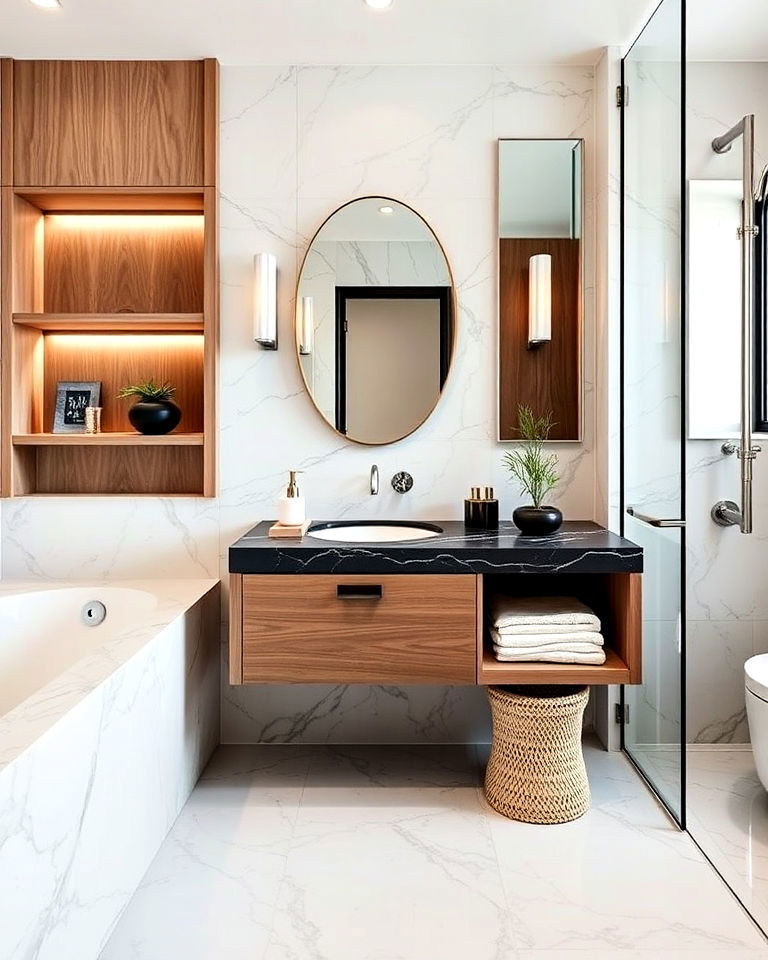 timeless marble and wood combination - 20 Luxury Marble Bathroom Ideas
