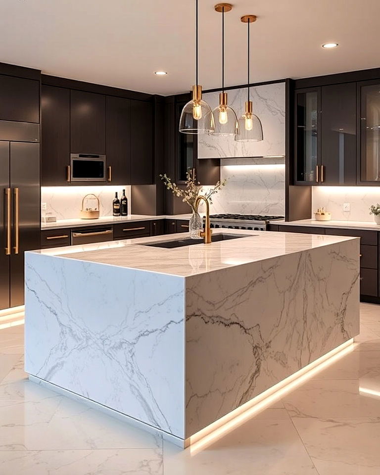 timeless marble waterfall island - 20 Luxury Kitchen Island Ideas