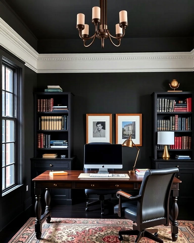timeless moody walls in dark hues - 20 Dark Academia Home Office Ideas