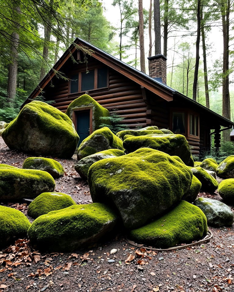 timeless moss covered rocks - 25 Log Cabin Landscaping Ideas