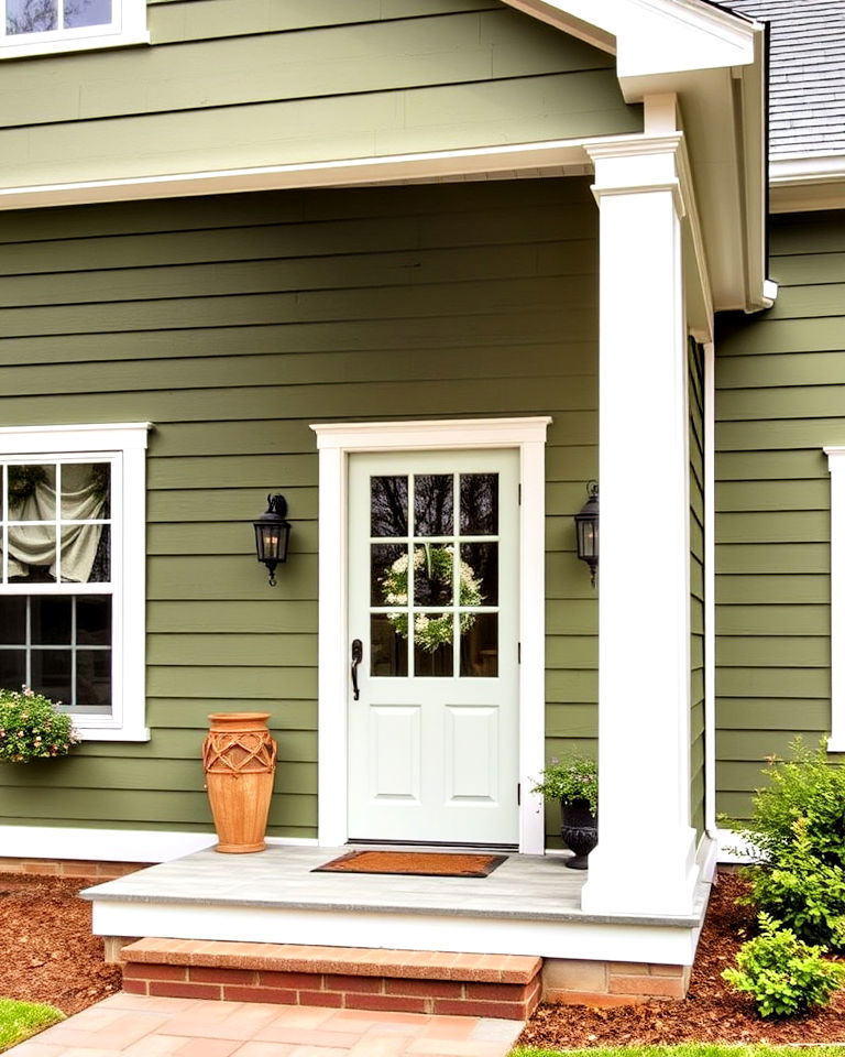 timeless moss green siding with white trim - 25 Farmhouse Green Exterior Home Ideas