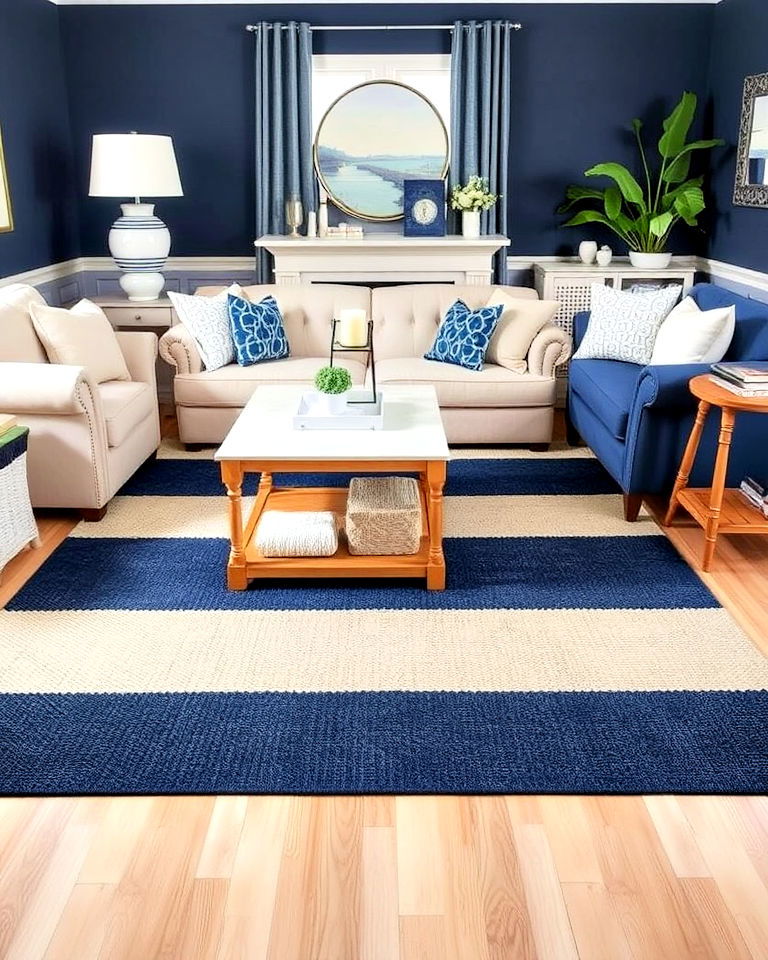 timeless navy and cream striped rug - 25 Navy and Cream Living Room Ideas