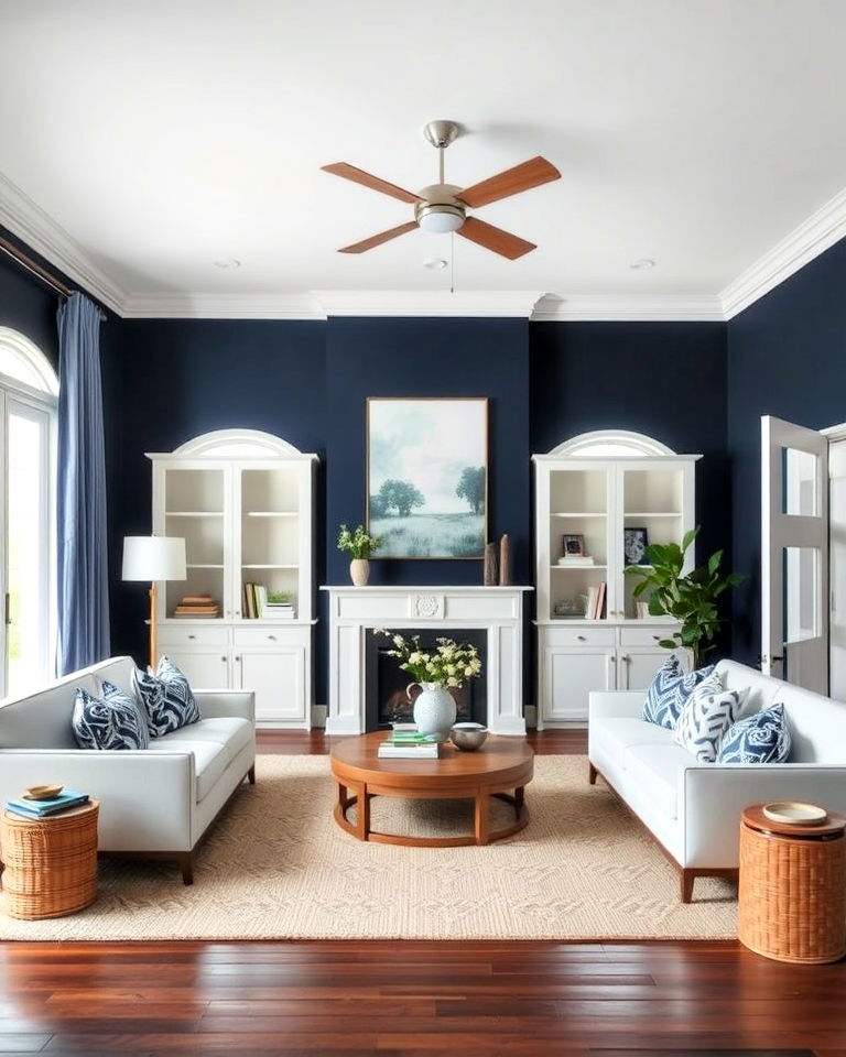 timeless navy blue and white color scheme - 25 Navy Blue Living Room Ideas