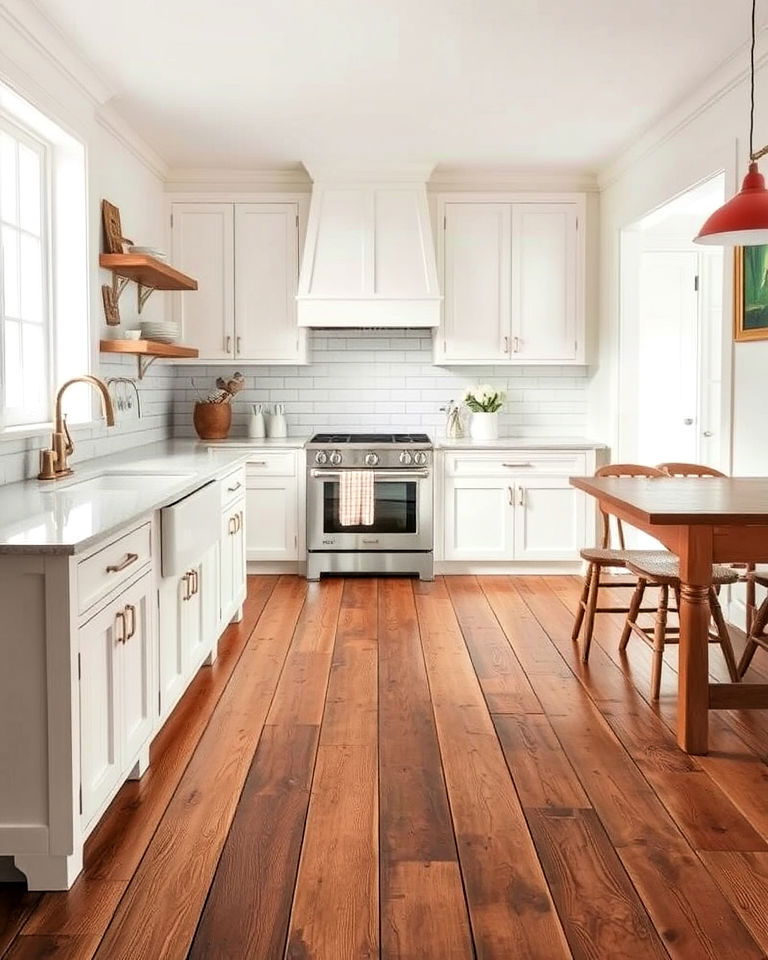 timeless reclaimed wood floors with white elements - 20 Rustic White Kitchen Ideas