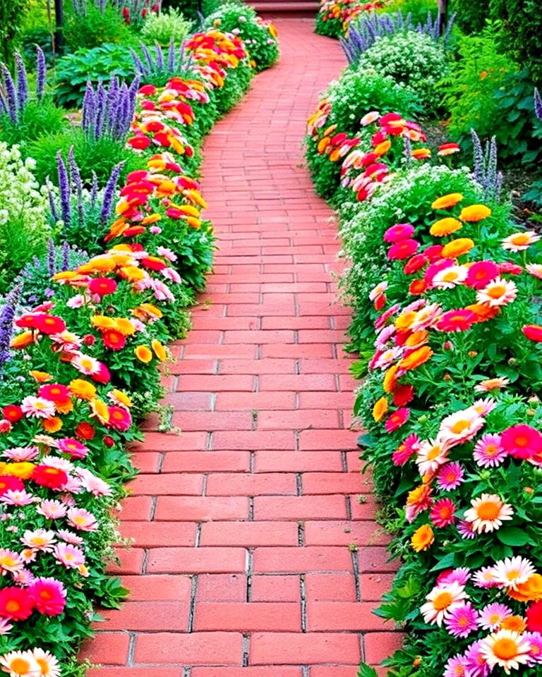 timeless red brick path with flower edging - 30 Garden Path Ideas