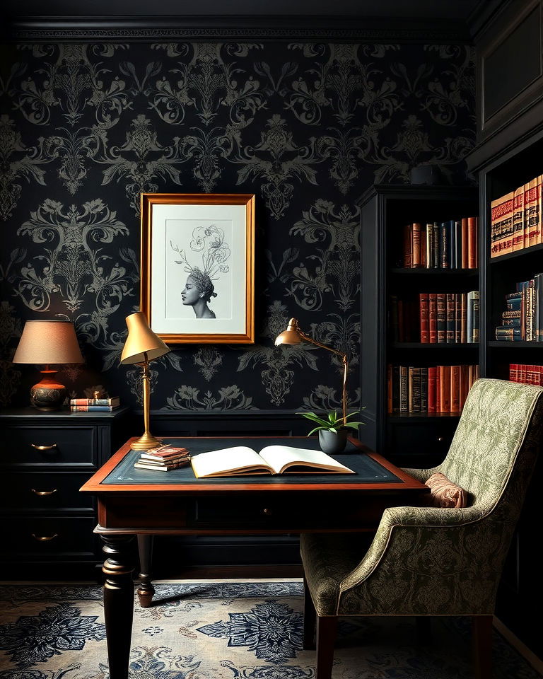 timeless richly patterned wallpaper - 20 Dark Academia Home Office Ideas