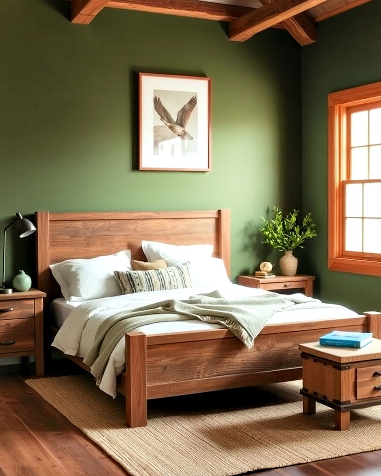 timeless rustic wood furniture for olive green bedroom - 20 Green and Brown Bedroom Ideas