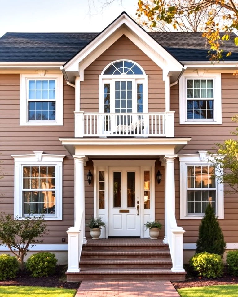 timeless taupe exterior with crisp white trim - 25 Exterior Taupe House Color Combinations