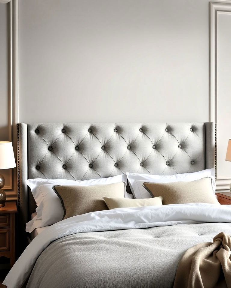 timeless tufted grey headboard with buttons - 25 Grey Headboard Bedroom Ideas