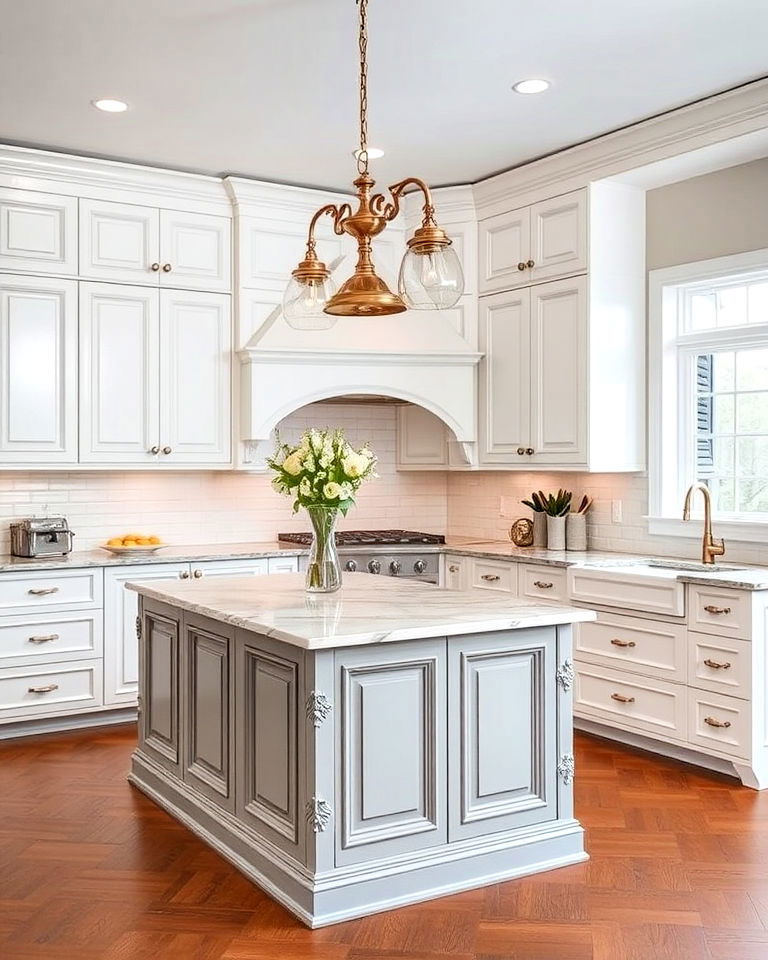 timeless white raised panel cabinets and soft grey kitchen island - 15 White Kitchen Cabinets With Grey Island Ideas