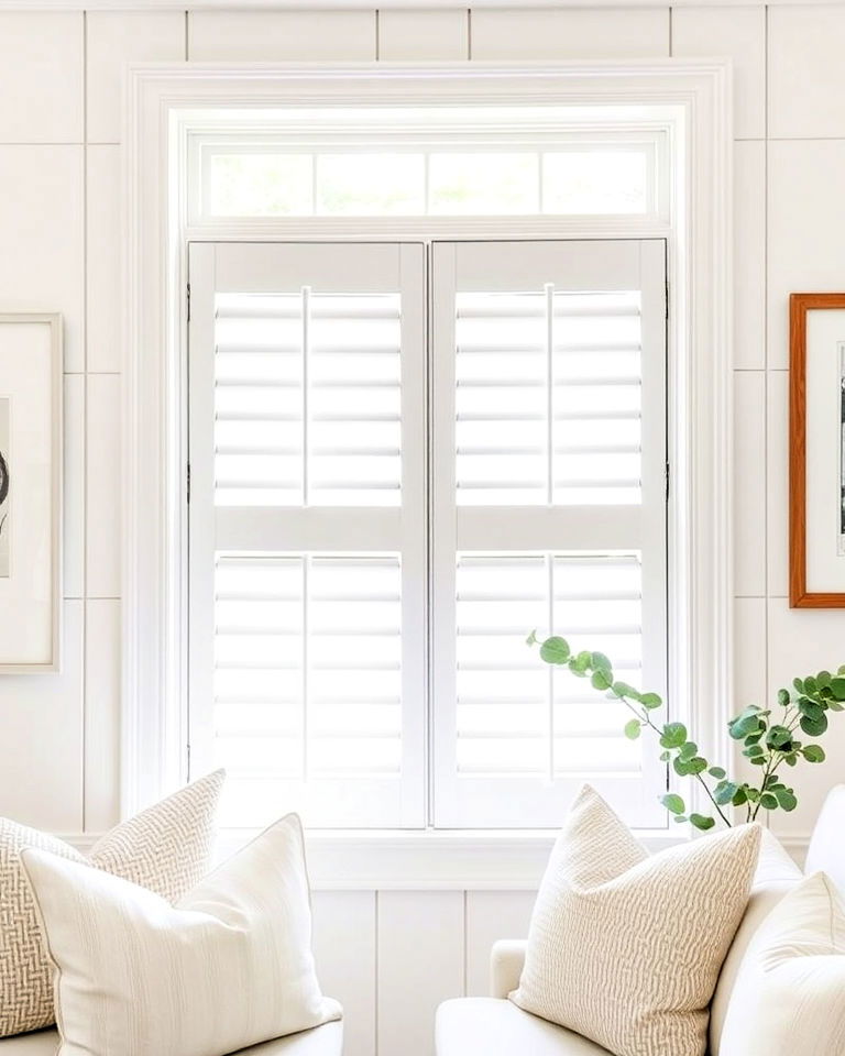 timeless white shiplap shutters - 40 Farmhouse Window Treatment Ideas