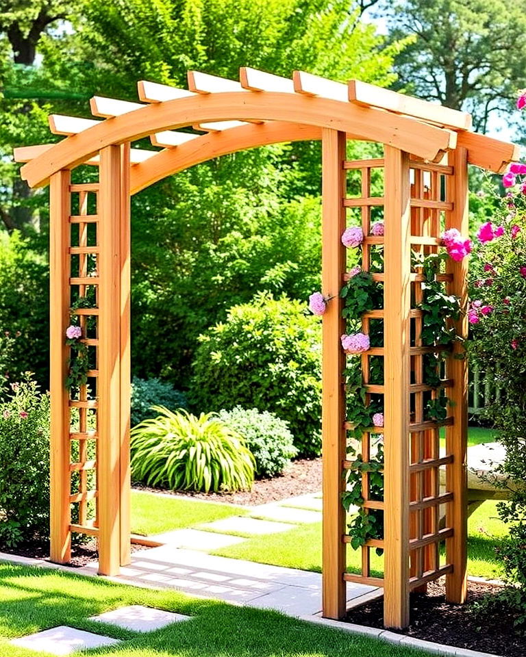 timeless wooden arbor with lattice - 40 Garden Arbor Ideas
