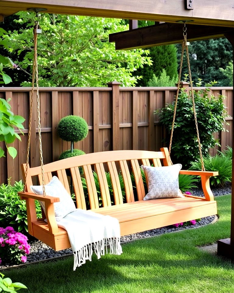 timeless wooden garden swing - 20 Farmhouse Garden Ideas