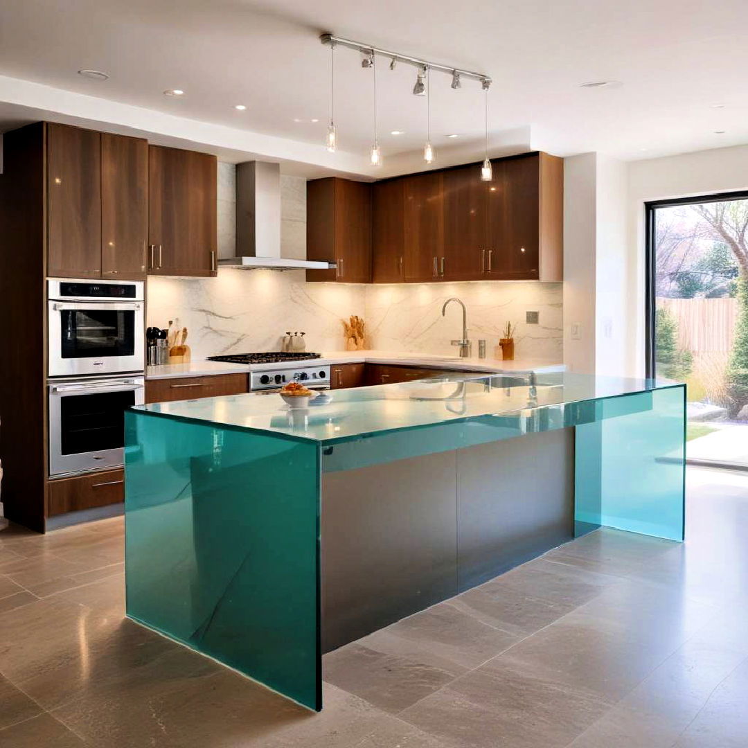 tinted glass waterfall kitchen island - 15 Waterfall Kitchen Island Ideas