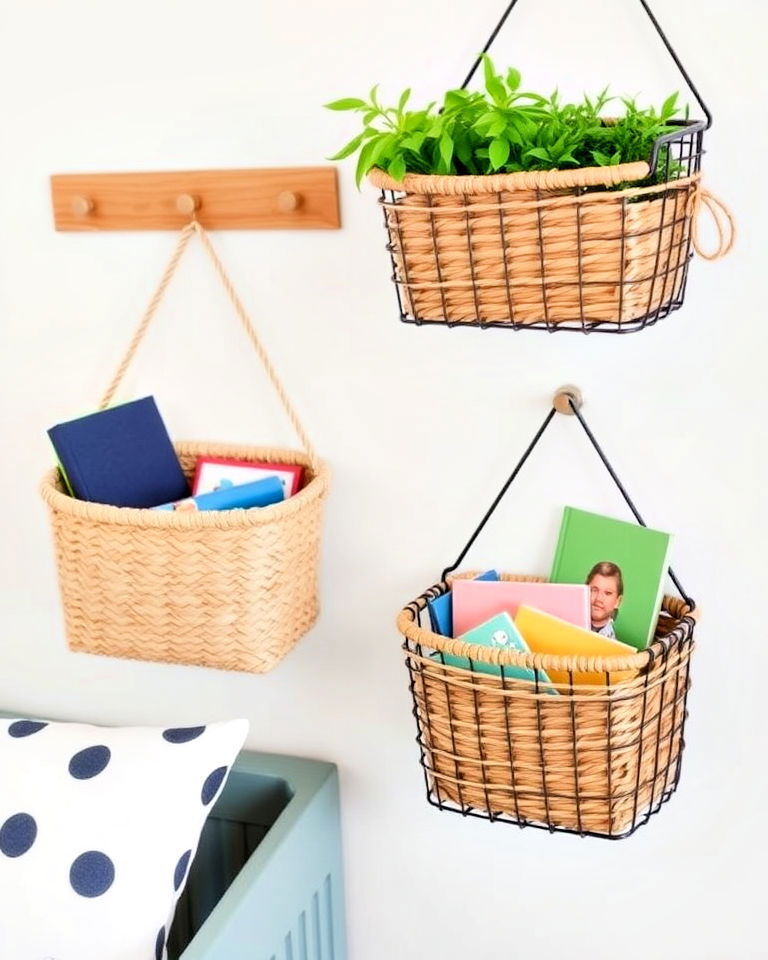 toddler room with hanging storage baskets - 40 Toddler Room Ideas