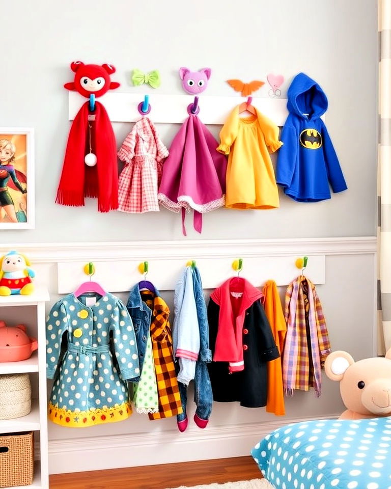 toddler room with wall hooks for dress up clothes - 40 Toddler Room Ideas
