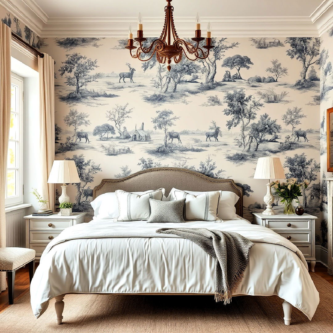 toile de jouy wallpaper for french bedroom decor - 25 French Bedroom Decor Ideas