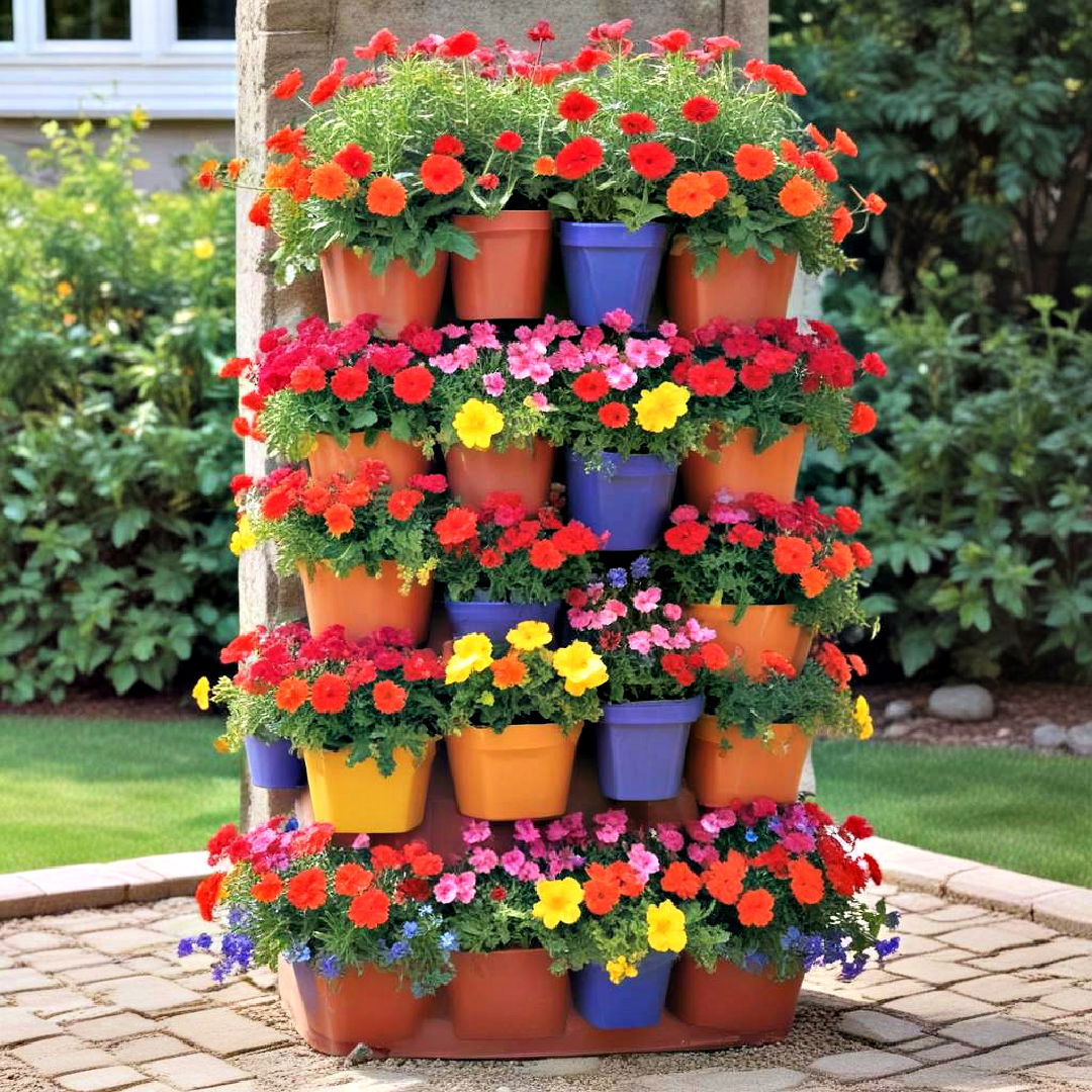 tower of vibrant blooming flowers - 40 Container Garden Ideas
