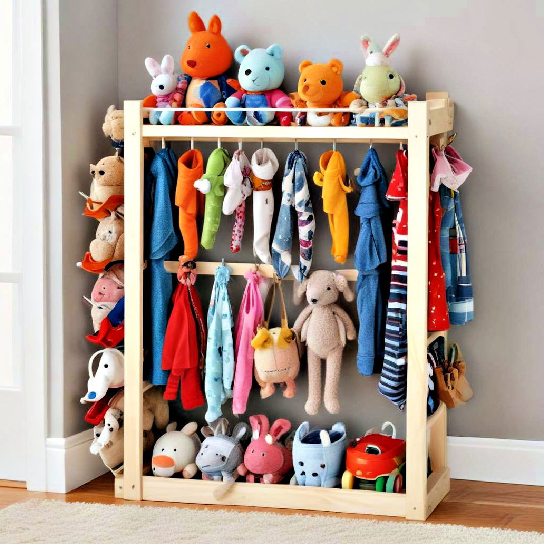 toy rack for hanging accessories and toys - 40 Toy Storage Ideas