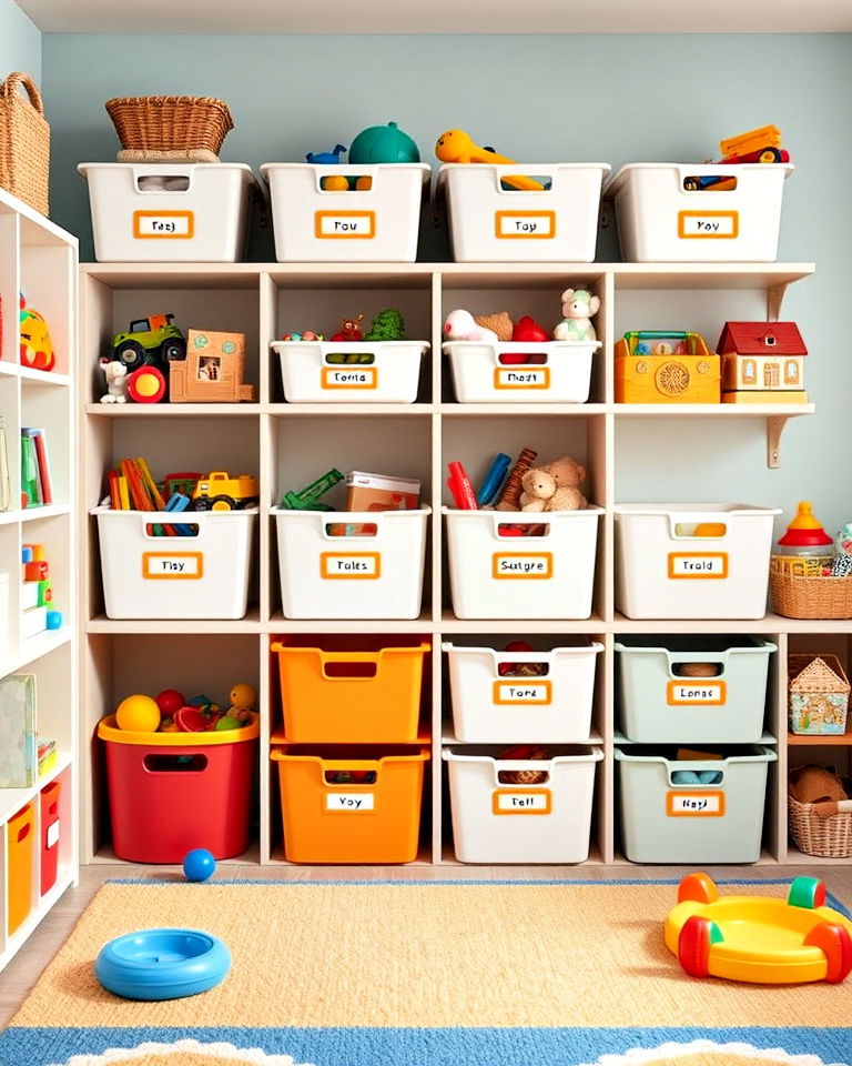 toy storage bins to keep playroom organized - 40 Playroom Ideas