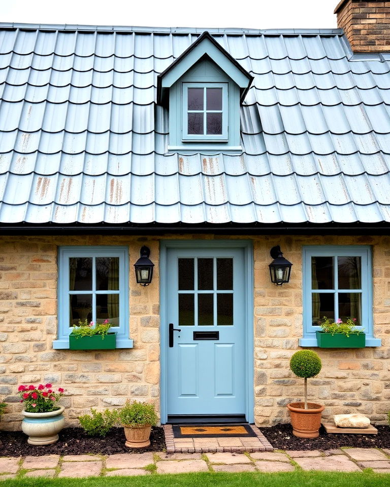 traditional cottage with dusty blue metal roof - 25 Houses With Blue Metal Roofs