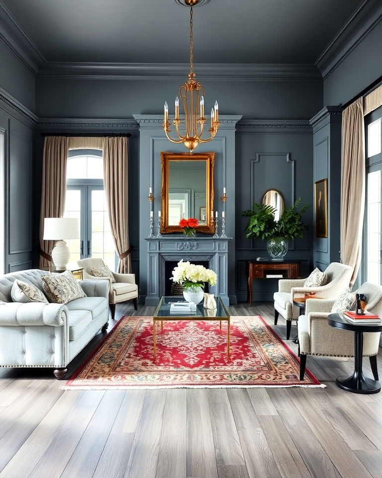 traditional elegance with grey hardwood floors and muted blue walls - 20 Grey Floor Living Room With Blue Walls Ideas