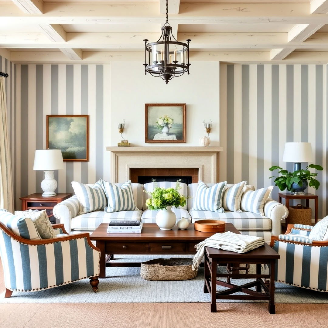 traditional french pattern ticking stripes - 40 French Country Living Room Ideas