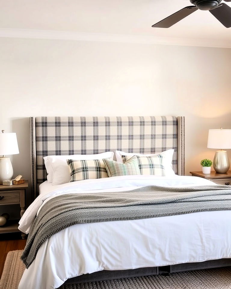 traditional look grey plaid upholstered headboard - 25 Grey Headboard Bedroom Ideas