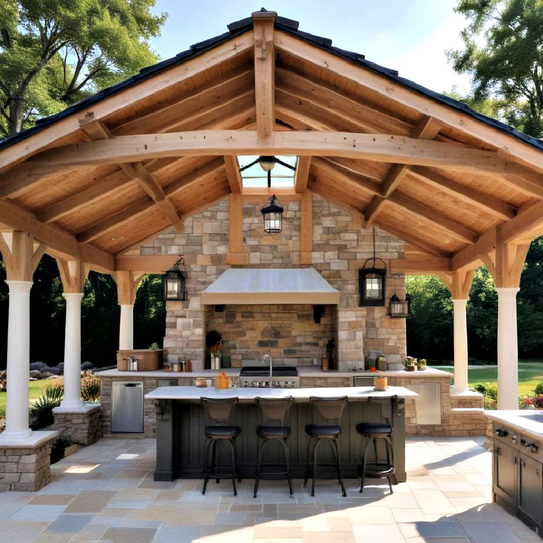 traditional pavilion featuring skylight - 25 Covered Outdoor Kitchen Ideas