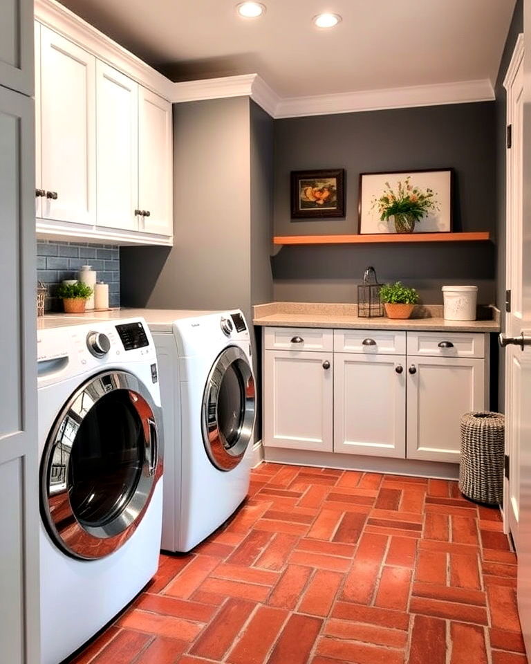 traditional red brick to add classic charm - 15 Brick Floor Laundry Room Ideas