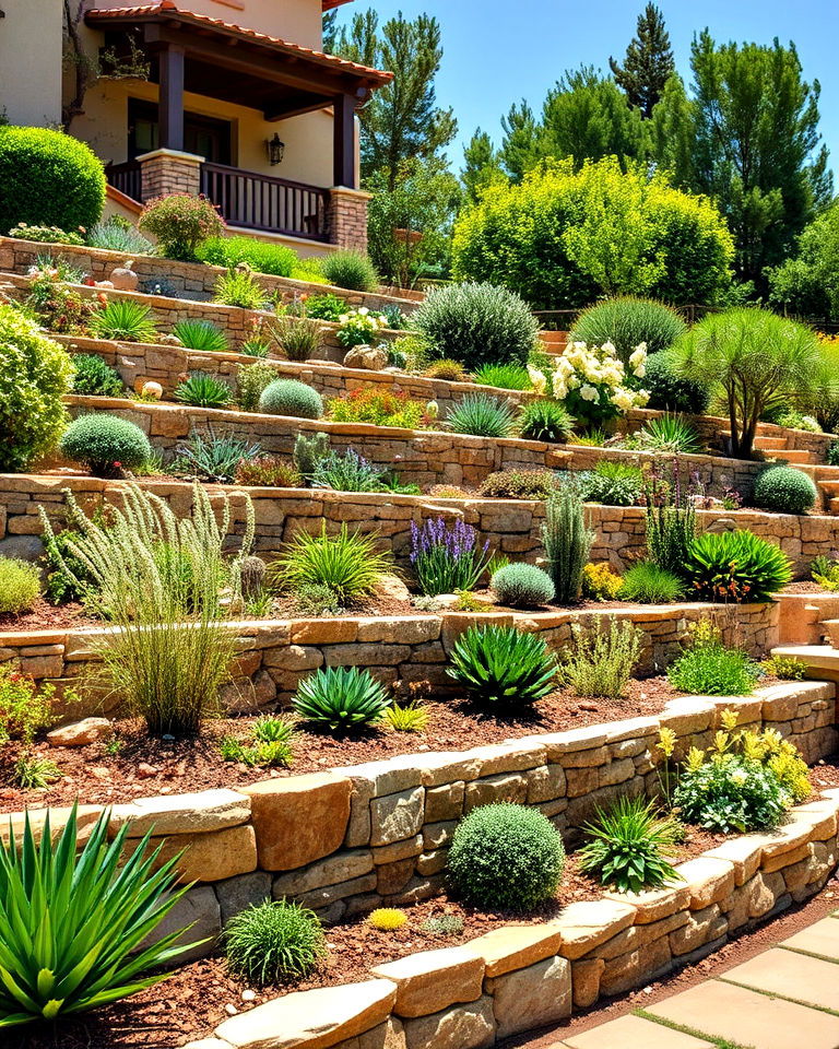 traditional spanish hillside terraced garden beds - 20 Front Yard Spanish Style Landscaping Ideas