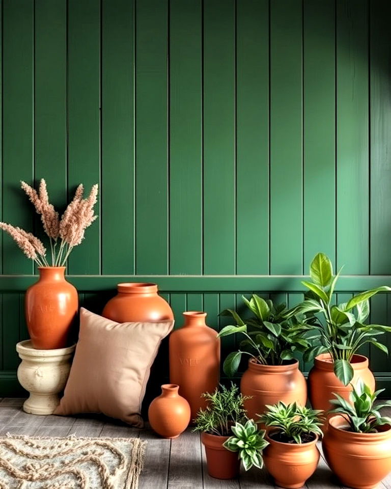 traditional vibe rustic green paneling with terracotta accessories - 20 Green and Terracotta Living Room Ideas