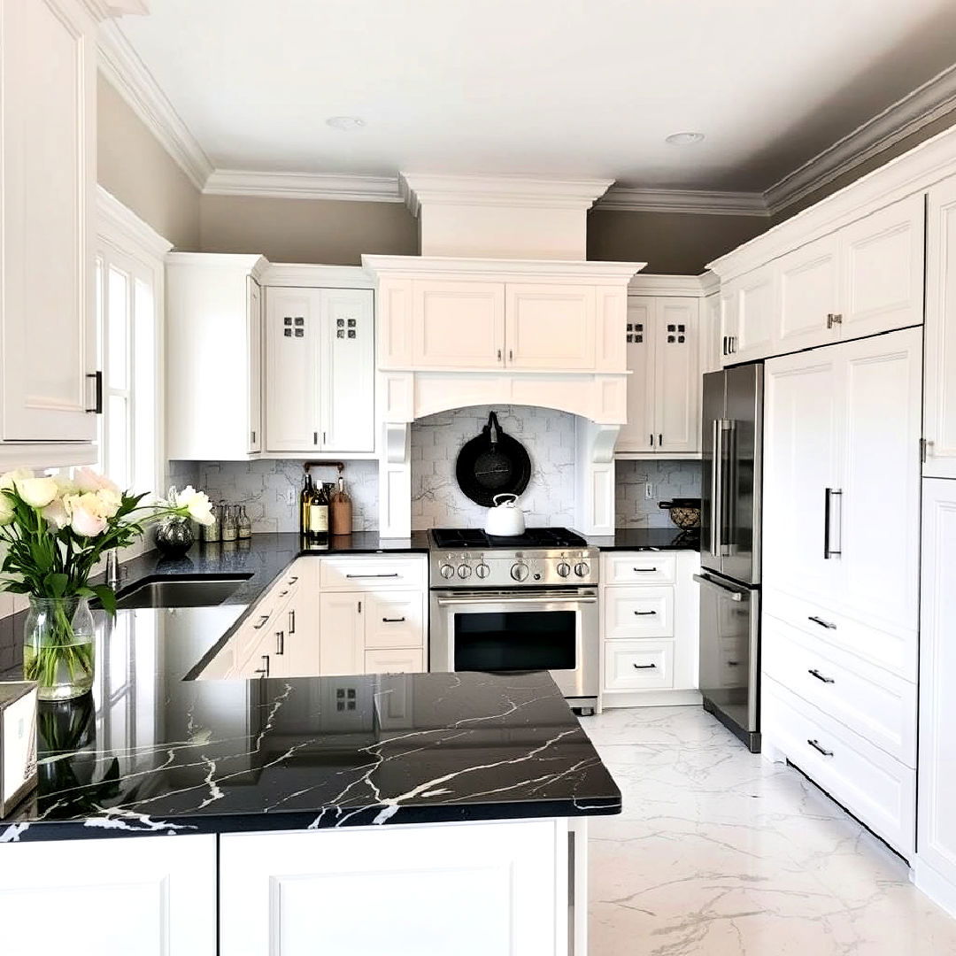 traditional white kitchen cabinets and black marble countertops - 40 White Kitchen With Black Countertops Ideas
