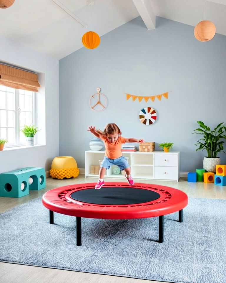 trampoline to keep kids active - 40 Playroom Ideas