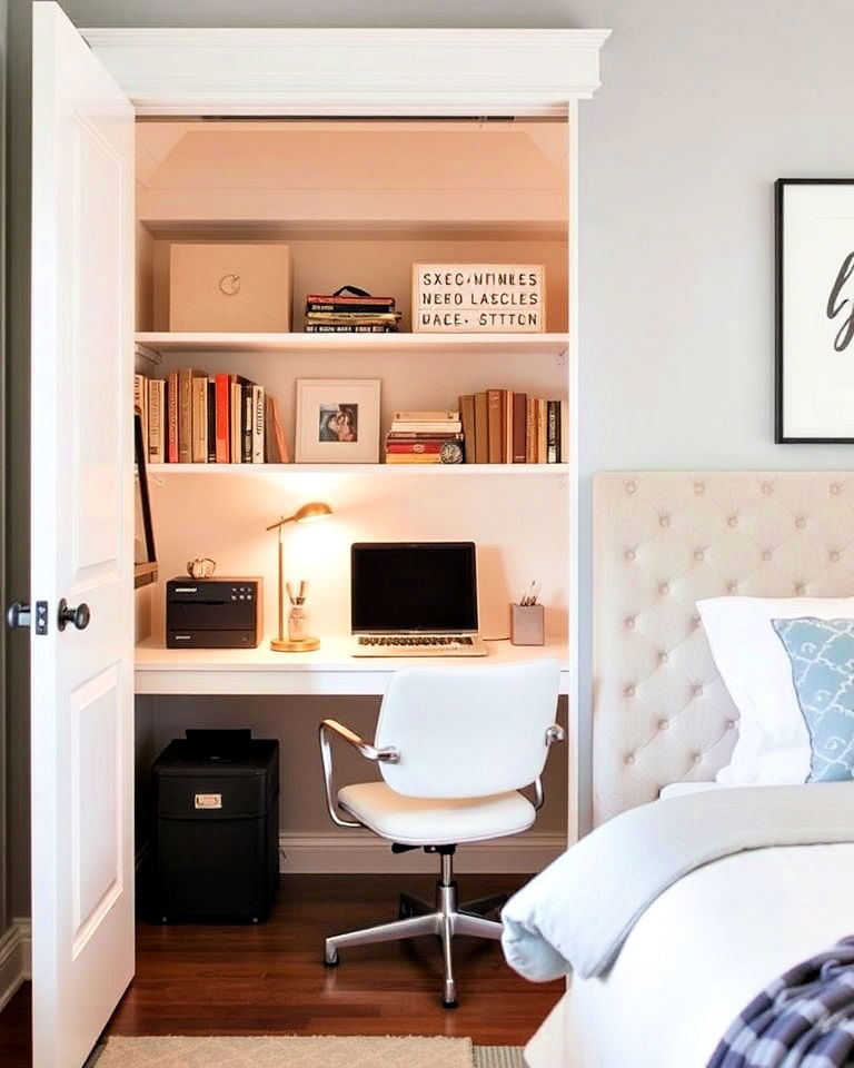 transform closet into hidden office - 40 Bedroom Office Ideas