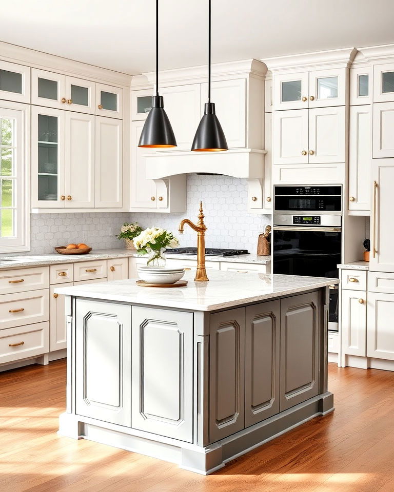 transitional appeal with light grey island and white cabinets - 15 White Kitchen Cabinets With Grey Island Ideas