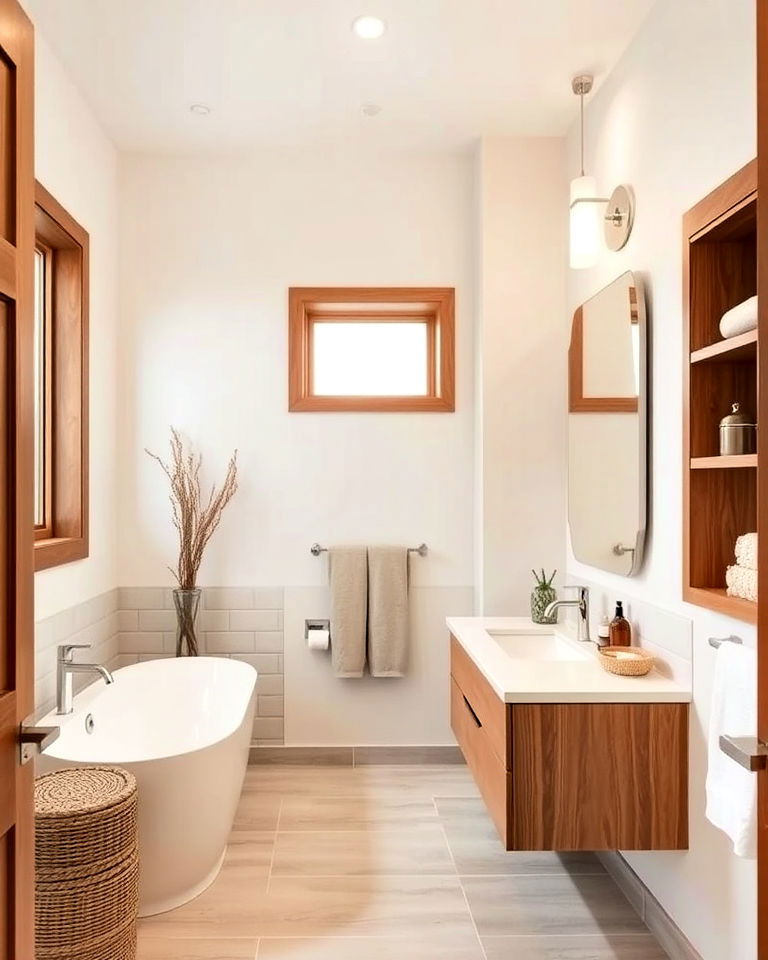 transitional bathroom with warm wood accents - 30 Transitional Bathroom Ideas