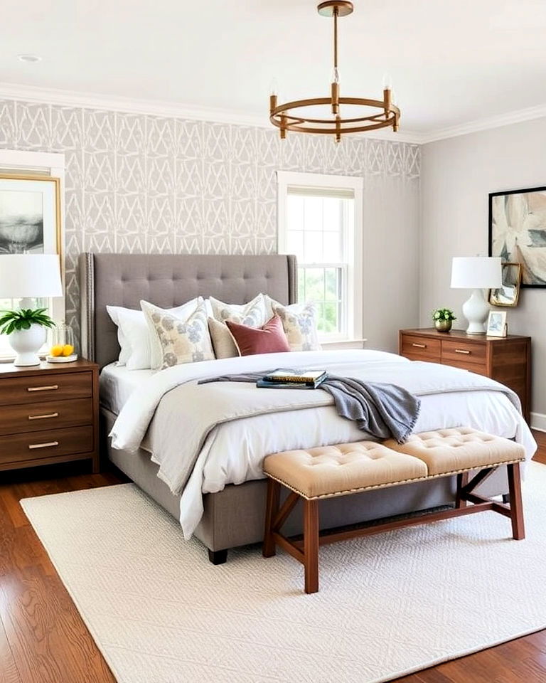 transitional bedroom with geometric patterns - 30 Transitional Bedroom Ideas