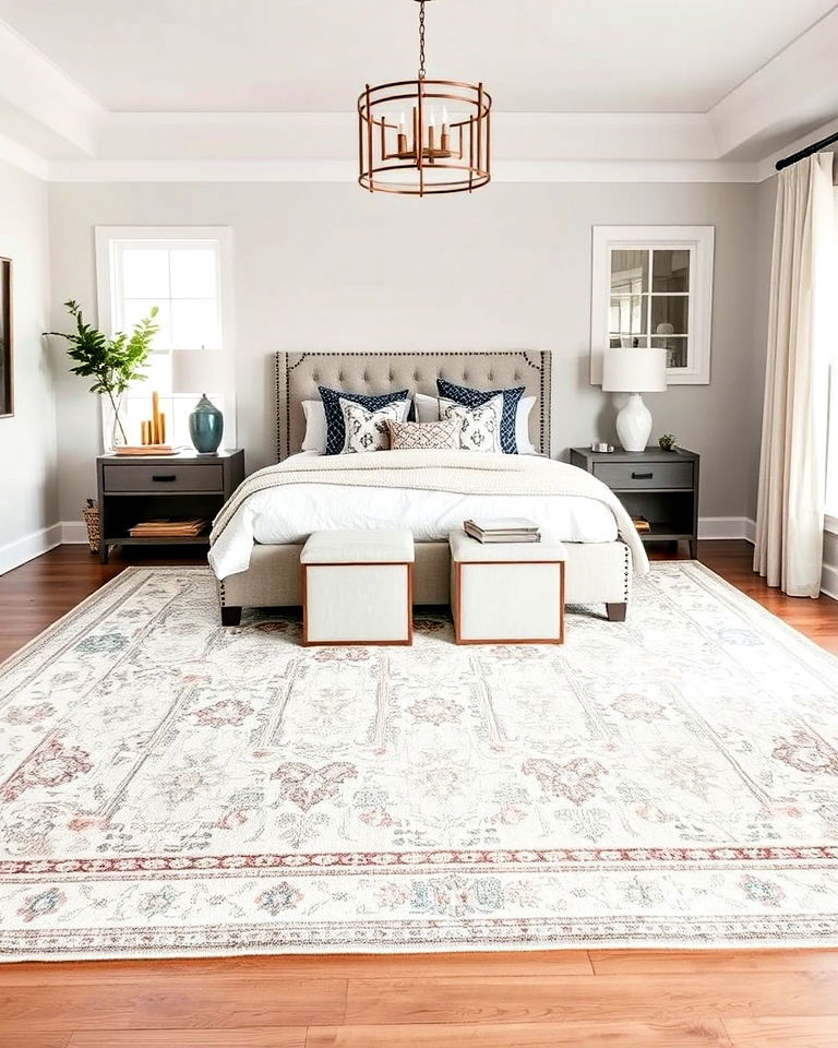 transitional bedroom with layered rugs - 30 Transitional Bedroom Ideas