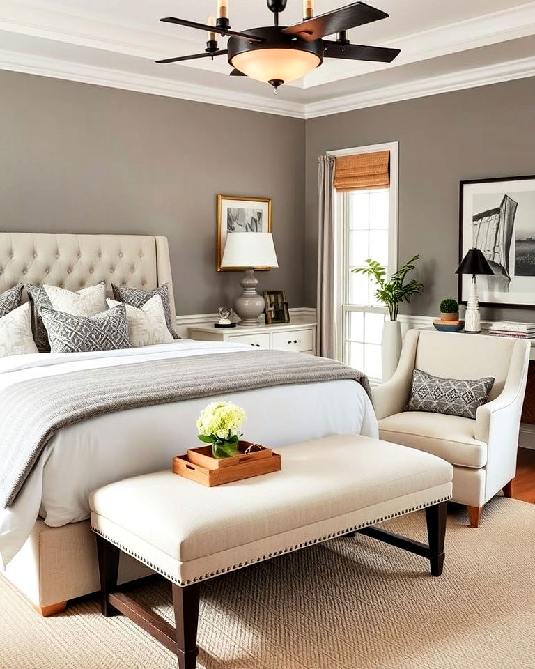 transitional bedroom with upholstered bench - 30 Transitional Bedroom Ideas