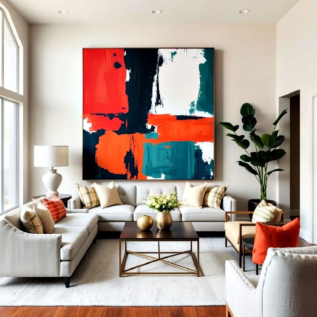 transitional living room with bold artwork - 40 Transitional Living Room Ideas