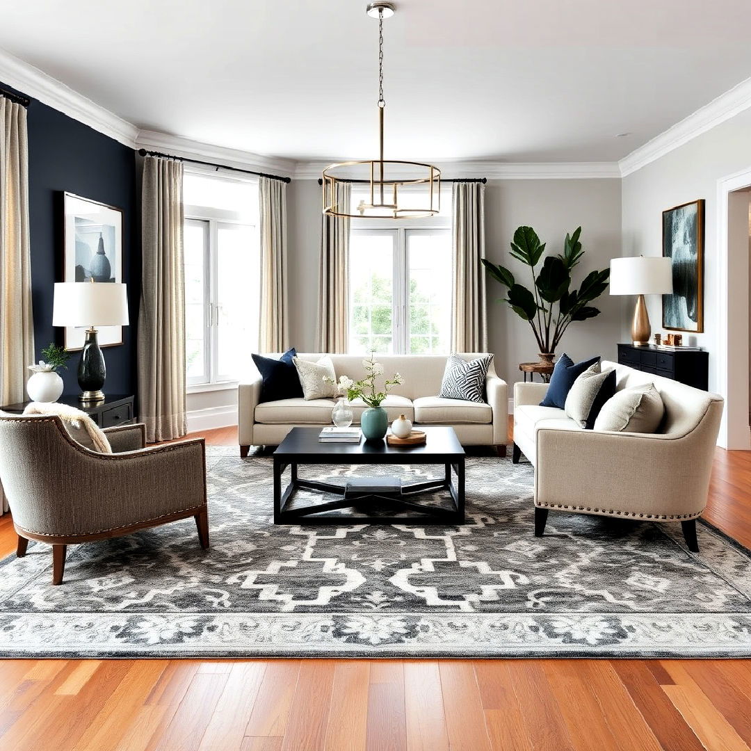 transitional living room with statement rug - 40 Transitional Living Room Ideas