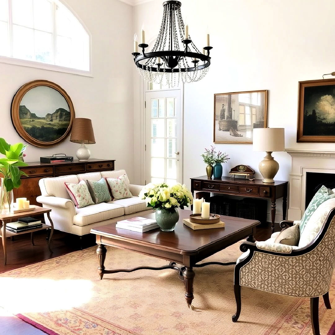 transitional living room with vintage pieces - 40 Transitional Living Room Ideas